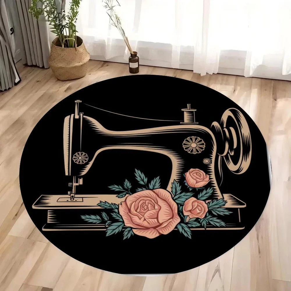 Sewing Machine In Textile - ヴィンテージミシンラウンドラグ – 寝室、ダイニングルーム、居心地の良い空間用のレトロなフロアマット