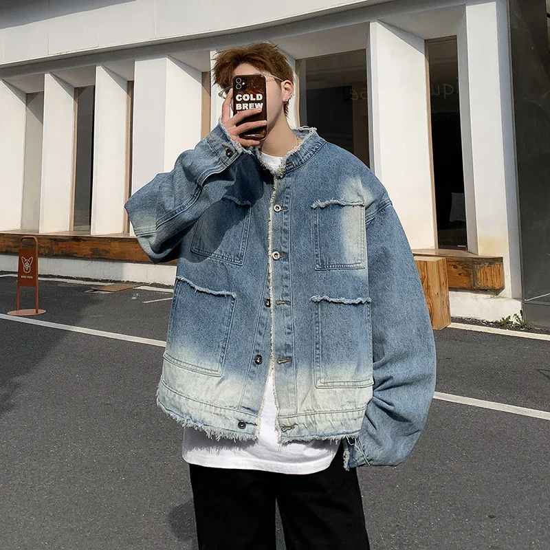 Sewing Jackets - アメリカンレトロヒップホップローエッジデニムジャケットメンズ2026春新作ヒップホップパッチワークストリートウェアファッションルーズジーンズジャケットメンズ