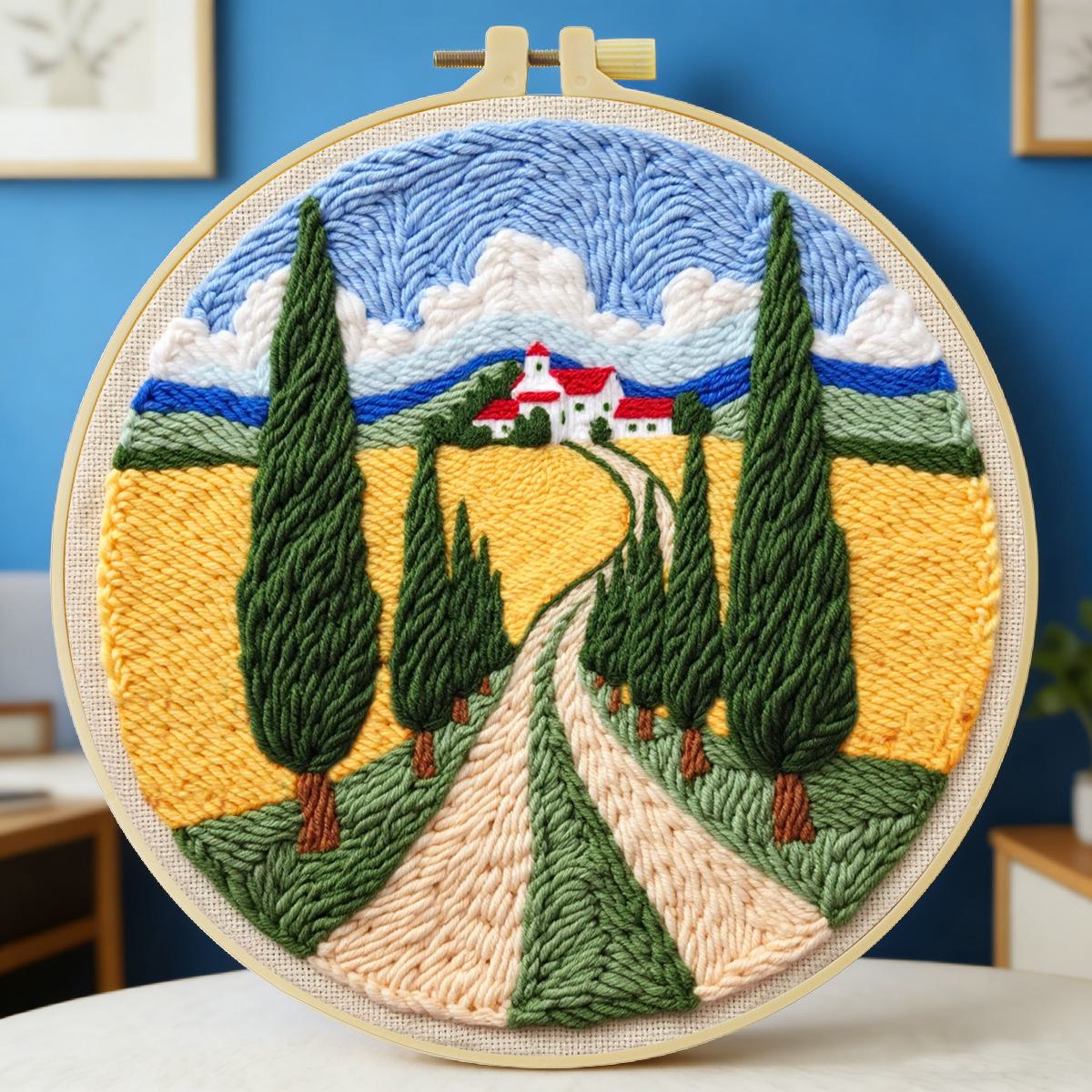 Sewing Textile Art - 20X20CM/7.87インチ フィールドパンチニードル刺繍セットキット ステッチ刺繍 編み刺繍 DIY手作りギフト ソーイングアート