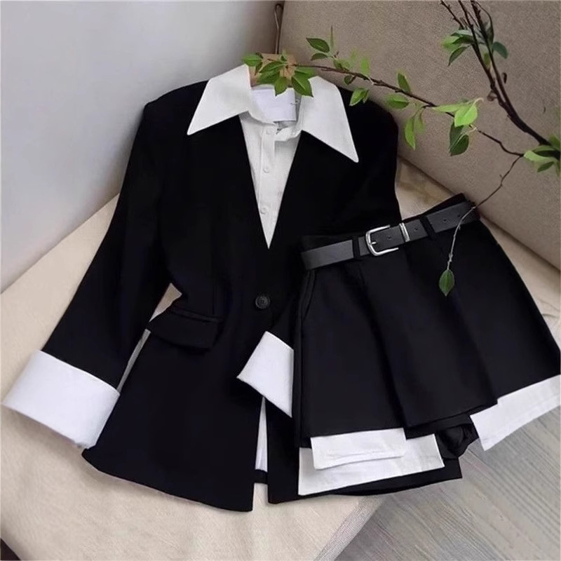 女性ツーピーススカートセットパッチワークブレザーボタン長袖ジ - Sewing Jackets のレビューと価格